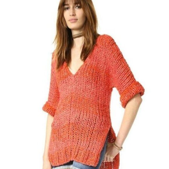 NWT Free People Georgia Deep V Neck 1/2 Sleeve Chunky Knit Sweater Size XS - Picture 3 of 11